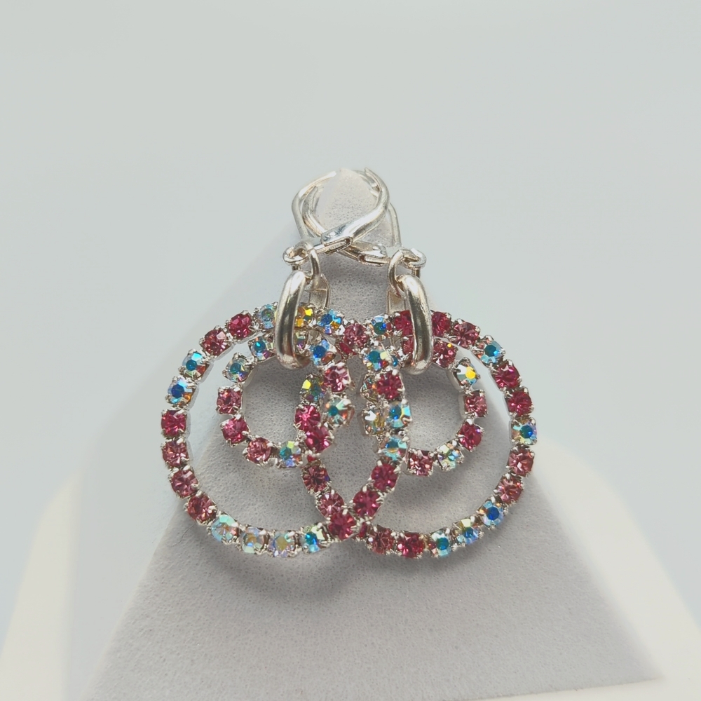 Beautiful Silver Loop Earrings with Pink Rhinestone and Clear/Blue CZ's